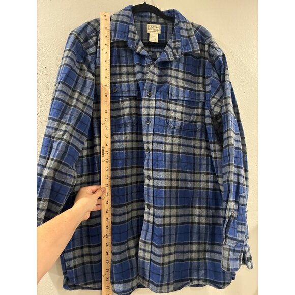 L.L. Bean Blue & Gray Plaid Long Sleeve Chamois Flannel Cotton Shirt XL Tall - Picture 4 of 6